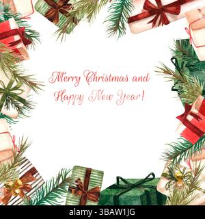 Cornice quadrata dipinta a mano ad acquerello fatta di regali di Natale Foto Stock