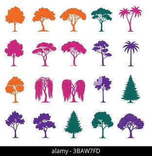 Collezione di vivaci sagome di alberi colorati Illustrazione Vettoriale