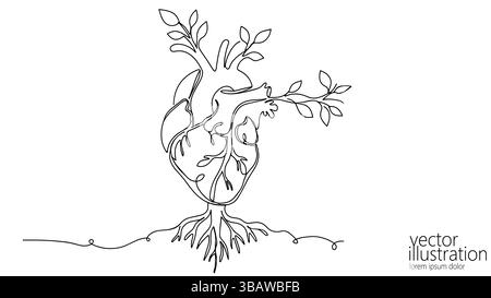 L'illustrazione del cuore cresce con le foglie dei rami. Cuore anatomico trasformato con albero di radici. Progetti legati alla natura del benessere sanitario. Disegni in linea Illustrazione Vettoriale