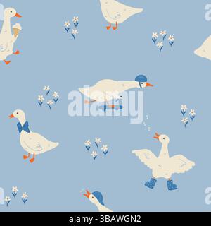 Motivo vettoriale Silly Goose Seamless anatre giocherellone su sfondo blu pastello per tessuto. Illustrazione vettoriale Illustrazione Vettoriale