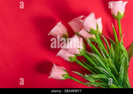 Un'accattivante composizione di rose rosa tenui su uno sfondo rosso vivace. Perfetto per concetti a tema come romanticismo e celebrazione. Foto Stock