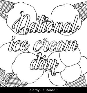 Pagina da colorare con disegno estivo con diverse palline di gelato in coni di waffle. Giornata nazionale del gelato. Per intrattenere i bambini, estate Dess Illustrazione Vettoriale