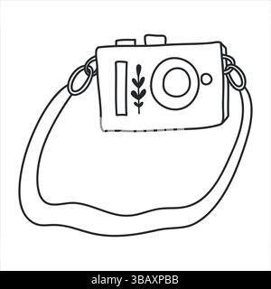 Macchina fotografica da viaggio digitale per disegno, attrezzatura di ripresa. Dispositivo disegnato a mano per la fotografia. Icona di schizzo, illustrazione vettoriale in stile grafico a linee di doodle. Illustrazione Vettoriale