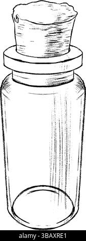 Una splendida bottiglia in vetro vintagestyle progettata con tappo in sughero, perfetta per rimedi a base di erbe o uso decorativo. Grafica vettoriale disegnata a mano, grafica in bianco e nero isolata su sfondo bianco. Illustrazione Vettoriale