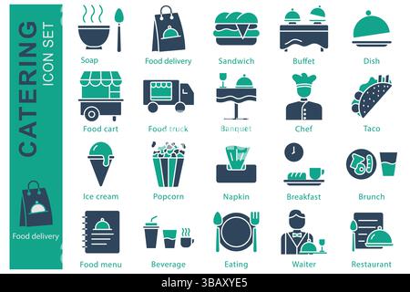 Set di icone per il catering. stile icona a tinta unita. con zuppa icona, buffet, piatto e molto altro. illustrazione vettoriale elemento catering Illustrazione Vettoriale