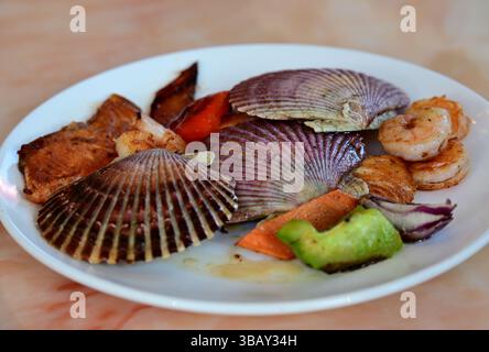 piatto con capesante grigliate, salmone e verdure Foto Stock