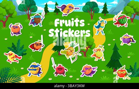 Confezione di adesivi dei personaggi della frutta dei supereroi. Ananas vettore cartoni animati, banana, anguria, pera o mela. Arancia, pesca, prugne o melograno con personaggi supereroi al limone con armi, mantelli e maschere Illustrazione Vettoriale