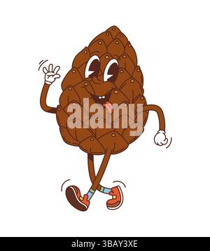 Personaggio Cartoon Groovy pinecone nut e Seed con sneakers e guanti hippie che esprimono gioia. Cono di pino allegro vettoriale isolato con occhi espressivi, cibo nutriente personaggio retrò Illustrazione Vettoriale