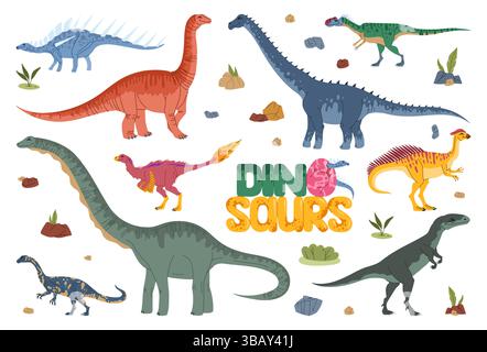 Carini personaggi dei cartoni animati dei dinosauri preistorici e personaggi di cuccioli in un uovo con rocce vulcaniche del giurassico e piante della foresta della giungla. Vettoriale divertente kentrosaurus, ipselosaurus e dinosauri datousaurus Illustrazione Vettoriale