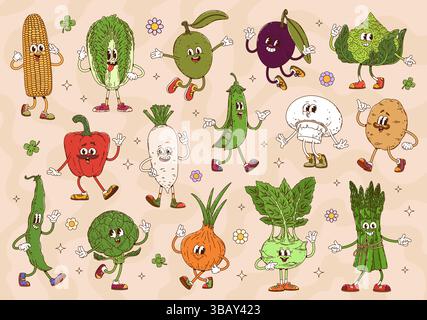 Cartoni animati personaggi vegetali con faccia divertente e sorriso felice, fumetto vettoriale retrò. Asparagi con cipolla funky e olive, sciocco mais e cavolo con patate e cavolo con pollice in su Illustrazione Vettoriale
