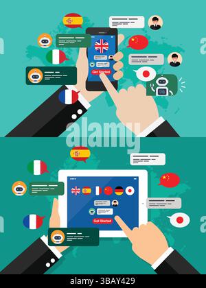 Apprendimento di diverse lingue straniere tramite smartphone o tablet. Illustrazione del concetto di apprendimento multilingue. Illustrazione vettoriale Illustrazione Vettoriale