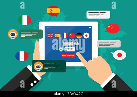 Apprendimento di diverse lingue straniere attraverso il tablet in mano. Illustrazione del concetto di apprendimento multilingue. Illustrazione vettoriale Illustrazione Vettoriale