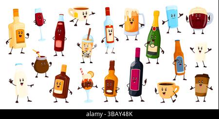 Fumetto alcol bevande e bevande personaggi. Bottiglie, bicchieri e tazze divertenti personaggi vettoriali di vino, birra, caffè e latte. Vodka carina, bollicine tea, whisky, rum e bottiglie di bibita Illustrazione Vettoriale