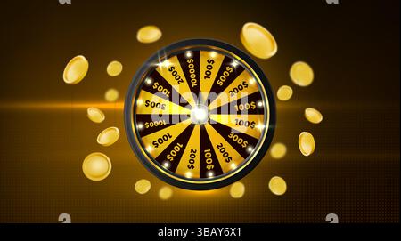 Ruota del casinò rotante e soldi su sfondo nero. Illustrazione vettoriale realistica di roulette e monete d'oro che volano intorno, gioco fortunato, premio del vincitore, bonus jackpot, design banner club di gioco Illustrazione Vettoriale