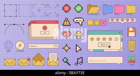 Le finestre e le icone del vecchio software sono isolate sullo sfondo. Illustrazione vettoriale dell'interfaccia desktop del computer y2k, messaggio di posta elettronica retrò, frame di file manager, cestino, emoji pixel, cartelli di busta Illustrazione Vettoriale