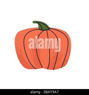 Zucca arancione brillante con gambo verde disegnato in uno stile audace e piatto, perfetta per i progetti a tema autunno, Halloween o raccolto. Illustrazione Vettoriale