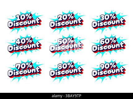 Pacchetto di design di testo scontati dal 10% al 90% in stile pop art divertente, perfetto per vendite in negozio, banner, poster e promozioni online Illustrazione Vettoriale