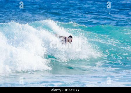 Bodysurfer si lancia a testa alta in un'onda barricata con le braccia nascoste, catturando il brivido e la velocità nelle acque cristalline dell'oceano Foto Stock