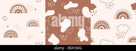 Set di tre motivi per bambini senza cuciture con arcobaleni, nuvole e macchie astratte disegnate nei colori bohémien. Illustrazione Vettoriale