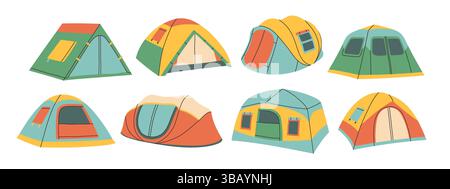 Set tende da campeggio. Semplice illustrazione vettoriale piatta di cupola colorata e tende Con telaio Ad A per avventure all'aperto, escursioni e campeggio. Viaggi estivi Illustrazione Vettoriale