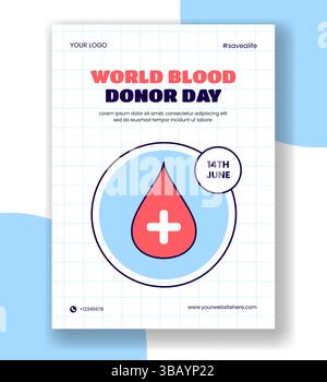 Design verticale del poster della giornata mondiale dei donatori di sangue in stile piatto di cartone animato Illustrazione Vettoriale