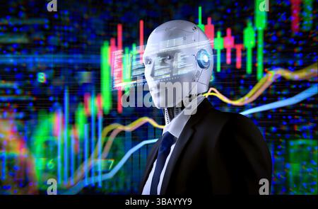 il trader di robot di rendering 3d analizza la visualizzazione grafica del grafico del mercato azionario Foto Stock