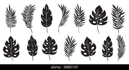 Silhouette ornamentali con foglie esotiche. Silhouette nere con foglie tropicali isolate su sfondo bianco per poster, stampe, inviti, copertine Illustrazione Vettoriale