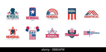 Collezione di badge World Memorial Day, logo Patriotic USA Memorial Day, set con bandiere, stelle e icone militari, emblemi PNG in stile vettoriale modificabili Illustrazione Vettoriale