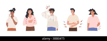 Gruppo eterogeneo di persone che sperimentano vari tipi di dolore e disagio con espressioni dolorose. Mal di gola, mal di petto e di schiena, mal di testa, stomaco Illustrazione Vettoriale