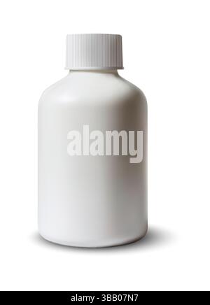 Flacone in plastica bianco realistico con tappo. Ideale per il branding, il confezionamento dei prodotti, il settore farmaceutico e i modelli di supplemento. Illustrazione Vettoriale