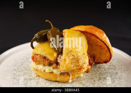 Ulan Bator, Mongolia. 6 maggio 2025. Hamburger di pollo piccante appena cucinato. Crediti: L.Enkh-Orgil. Foto Stock