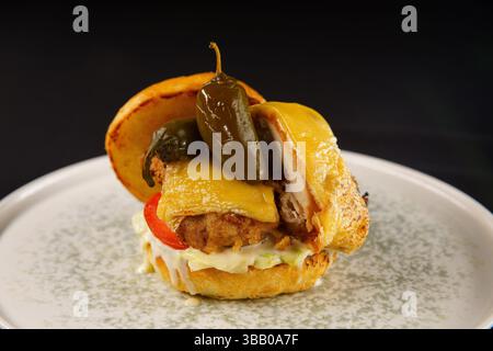 Ulan Bator, Mongolia. 6 maggio 2025. Hamburger di pollo piccante appena cucinato. Crediti: L.Enkh-Orgil. Foto Stock