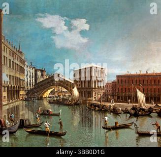 Le Pont du Rialto - Ponte di Rialto sul Canale Antonio - Venezia, di CANALETTO 1697 - 1768 Museo Italiano Louvre . Canaletto, nato Giovanni Antonio Canal nel 1697 e morto nel 1768, è stato un pittore, incisore e disegnatore italiano, meglio conosciuto per le sue vedute (paesaggi urbani) di Venezia. È considerato uno dei pittori più importanti di questo genere e le sue opere, che catturano la bellezza e la vivacità di Venezia, rimangono oggi popolari. Foto Stock