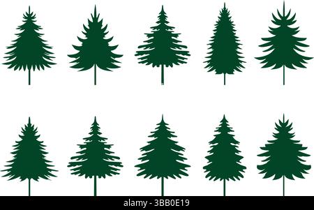 Alberi di abete verde. Elementi di design per la stagione invernale e un semplice pittogramma. Impostare icone e illustrazione dell'albero di Natale vettoriale isolato. Illustrazione Vettoriale