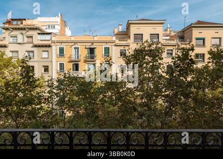Fila di colorati edifici residenziali visti da un balcone alberato sotto il cielo blu di Barcellona Foto Stock