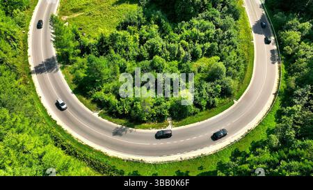 Vista aerea delle auto su una strada forestale curva. Ripresa aerea di veicoli che guidano lungo una strada tortuosa attraverso una lussureggiante foresta verde, mostrando la natura e. Foto Stock