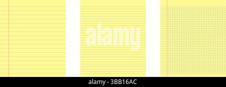 Set di carta giallo Legal con tre fogli di blocco note con linee rigate, ideale per appunti, scuola o ufficio. Layout semplice e pulito per Illustrazione Vettoriale