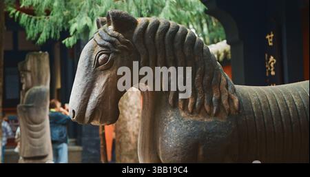 Chengdu, Sichuan, Cina. Passaggio della tomba nel Tempio commemorativo di Wuhou. Sculture in pietra di cavalli. Scultura in pietra nel tempio di Wuhou. Cinese tradizionale Foto Stock