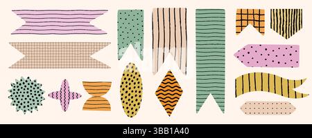Forma astratta pastello, adesivo e set di striscioni con motivo retrò disegnato a mano. Perfetto per note cartacee, design di memo, decorazione di segnalibri, scrapbooking Illustrazione Vettoriale