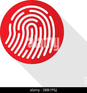 icona delle impronte digitali in stile piatto e colore rosso cerchio con una lunga ombra, perfetta per temi di sicurezza digitale e identità, illustrazione vettoriale Illustrazione Vettoriale