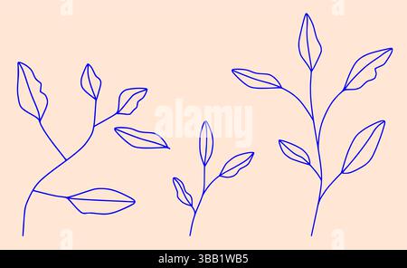 Set di illustrazioni vettoriali a foglie disegnate a mano, foglie moderne lineart disegnate a mano elementi grafici a foglie tropicali isolate, set di disegni floreali a linee botaniche Illustrazione Vettoriale