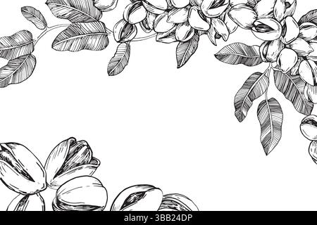 Bordo del ramo del pistacchio con noci e foglie. Illustrazione in bianco e nero vettoriale disegnata a mano Illustrazione Vettoriale
