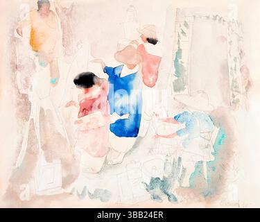 Immagine ad alta risoluzione dello Sketching degli artisti ad acquerello di Charles Demuth del 1919, che cattura artisti americani che dipingono all'aperto, in stile modernista Foto Stock