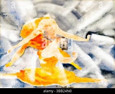 Scansione ad alta risoluzione di Two Women Acrobats di Charles Demuth, acquerello di pubblico dominio degli anni '1920, rappresentazione dinamica ed espressiva del movimento acrobatico An Foto Stock