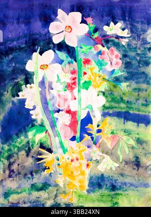 Scansione ad alta risoluzione del Narcissi di Charles Demuth, un acquerello di dominio pubblico degli anni '1920 di narcisi in fiore, studio floreale modernista che fonde l'ingegno realistico Foto Stock