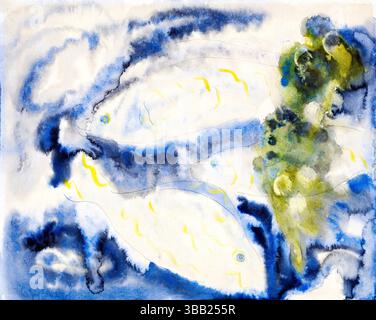 Scansione ad alta risoluzione della serie di pesci degli anni '1920 di Charles Demuth, un acquerello modernista di pesce fresco con consistenza luminosa, forma e fresco paletto tonale Foto Stock