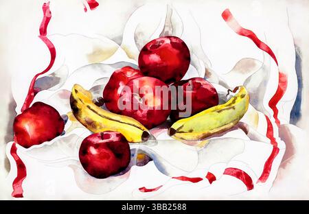 Scansione ad alta risoluzione della natura morta di Charles Demuth con mele e banane, un acquerello di pubblico dominio degli anni '1920 che unisce frutti vivaci e sti modernista Foto Stock