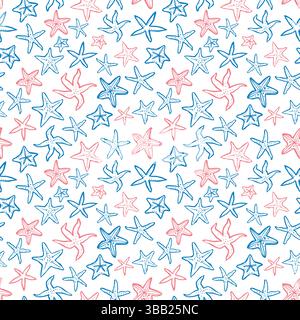 Schema del contorno disegnato a mano con stelle marine rosse e blu Illustrazione Vettoriale