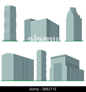 Si compone di sei alti e moderni edifici su sfondo bianco. Vista dell'edificio dal basso. Illustrazione vettoriale isometrica. Illustrazione Vettoriale