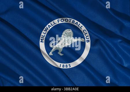 Pringsewu, lampung 25 maggio 2025; focus selettivo del logo della squadra di calcio del Millwall nel campionato efl, illustrazione 3d. Foto Stock